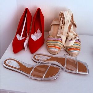 Stradivarius , Zara , Sfera Red Heels, Multicolor Espadrilles, and Clear Slides